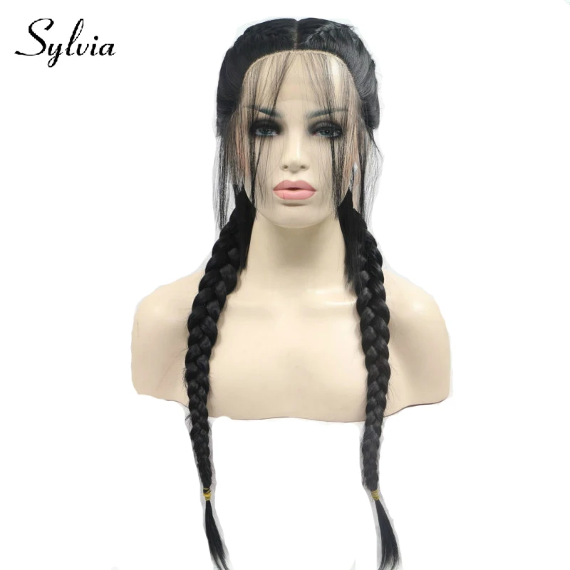 Sylvia 1b # черный плетеный хвост Синтетический кружевной передний парик с волосами