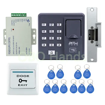 

Full kit RFID Fingerprint machine+NC fail safe strike for access control system+rfid key fobs +exit button+power supply