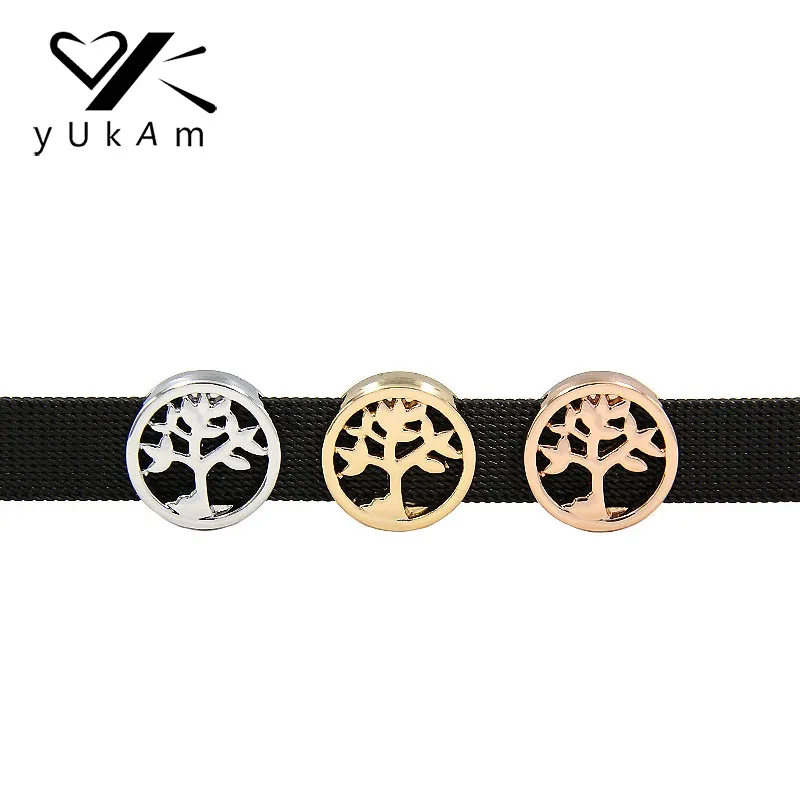 

YUKAM Silver Sliders Spacers Round Hollow Family Tree of Life Slide Charms Keeper for Mesh Bracelets Jewelry Accessories Making