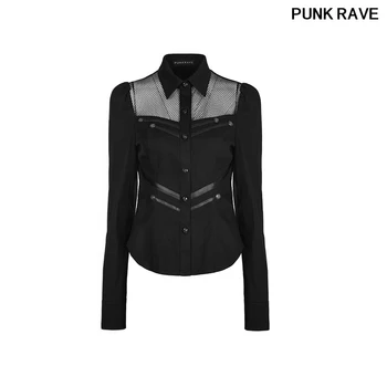 

Streampunk Rock Exquisite Black Shirt Military Handsome Sexy Mesh Chest Leather Straps Decoration Blouse PUNK RAVE WY-833CCF