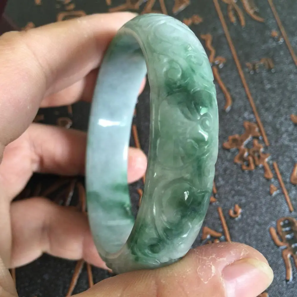 

Chinese Hand-carved Emerald Green stoneite stone Gems Bracelet Bangle 56mm AA