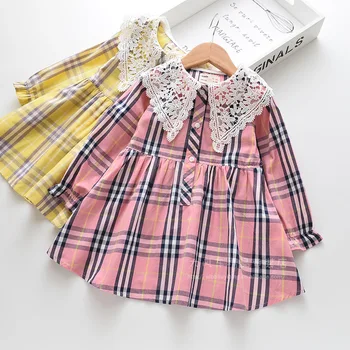 

Roimyal Wholesale 2019 autumn new hollow lace collar 2-6 years old girl plaid long sleeve toddler kids cute party dresses