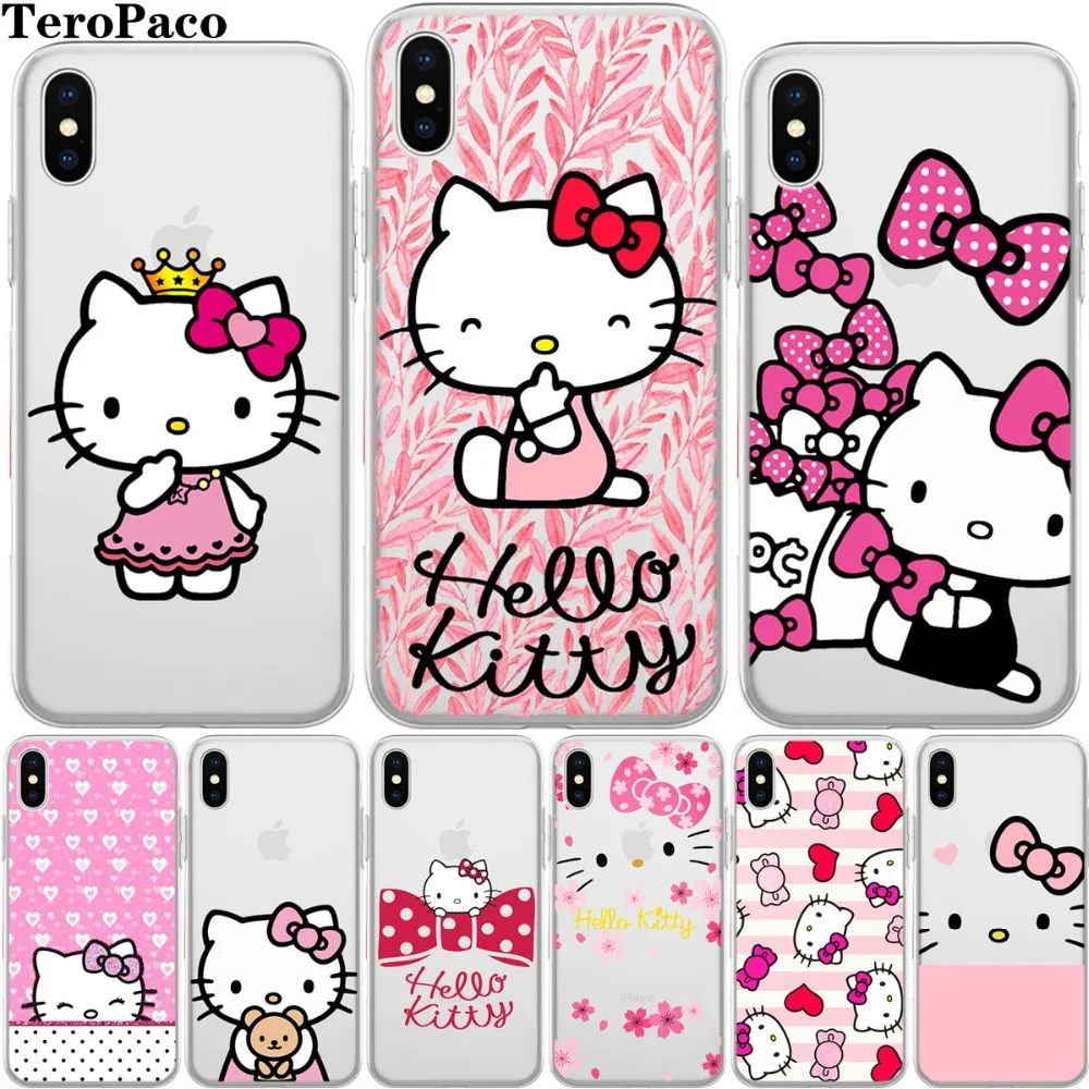 

Cute Hello Kitty Cartoon Pink Clear Soft Silicone Phone Case For iphone XR X XS Max 7 8 Plus 6 6S 6Plus 5 5S SE Cover