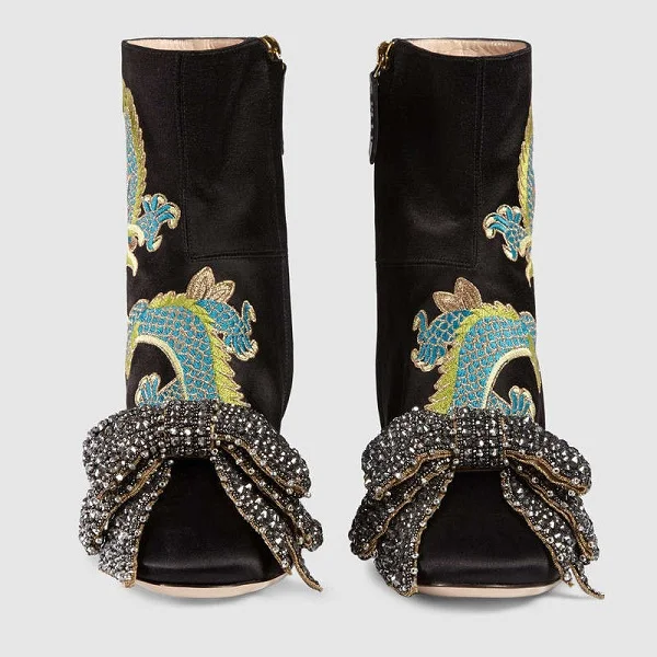 Talons Hauts En De noeud Hiver Chelsea Cristal Chaussures Dragon Soie Luxe Dames Arc Brodé Bottines Femmes Noir Clouté Satin p7qBPdnq