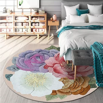 

Print 3D Large Floral American Pastoral Blooming Flowers Bedroom Living Room Parlor Nonslip Area Rug Decorative Round Carpet Mat