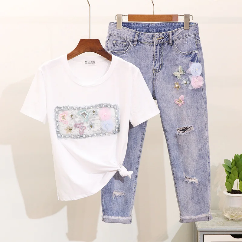 

Amolapha Women Embroidery Beaded 3D Butterfly Tshirt+ Mid Calf Jeans Set Casual Loose Cotton Tee Jeans 2PCS Suit
