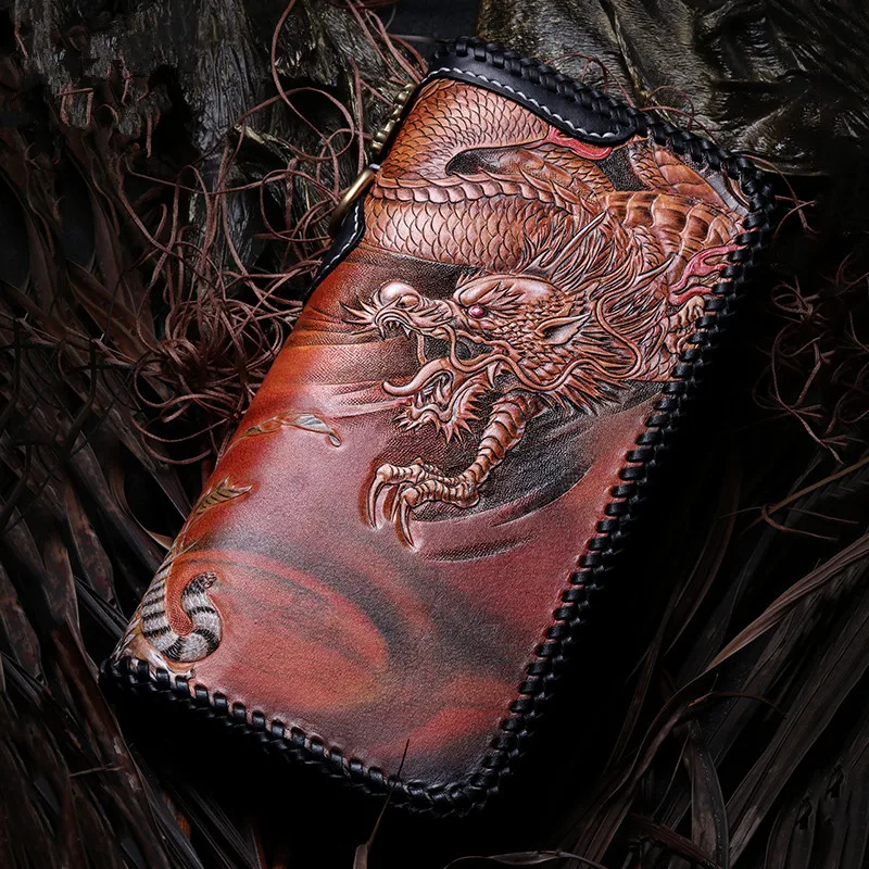 Мужской длинный клатч из натуральной кожи с резьбой|leather wallet card holder|wallet holderlong clutch |