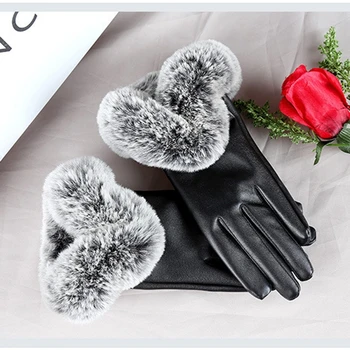 

2018 KLV Women Winter Warm Faux Leather Touch Screen Faux Rabbit Fur Cuff Gloves Elegant