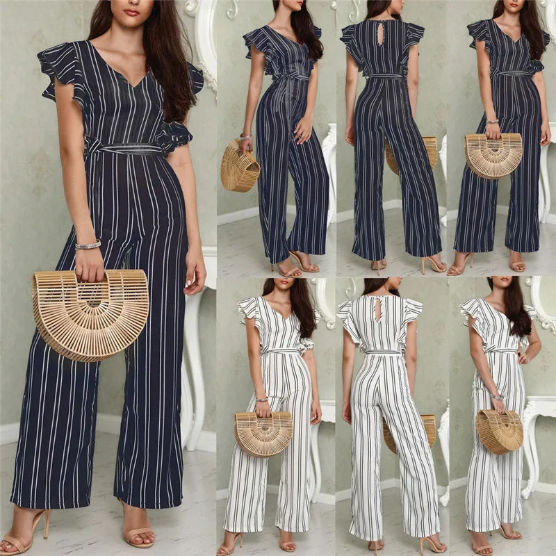 

Streetwear Style Women Jumpsuits Ruffles Overalls Casual V-Neck Long Playsuits Rompers Jumpsuit Long Wide Leg Pants Plus Size