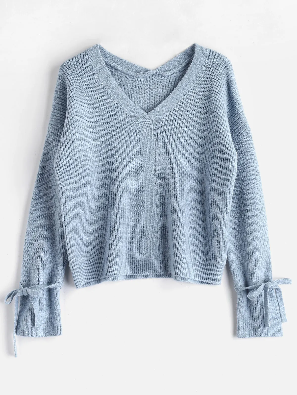 ZAFUL V Neck Tied Sleeve Boxy Sweater 