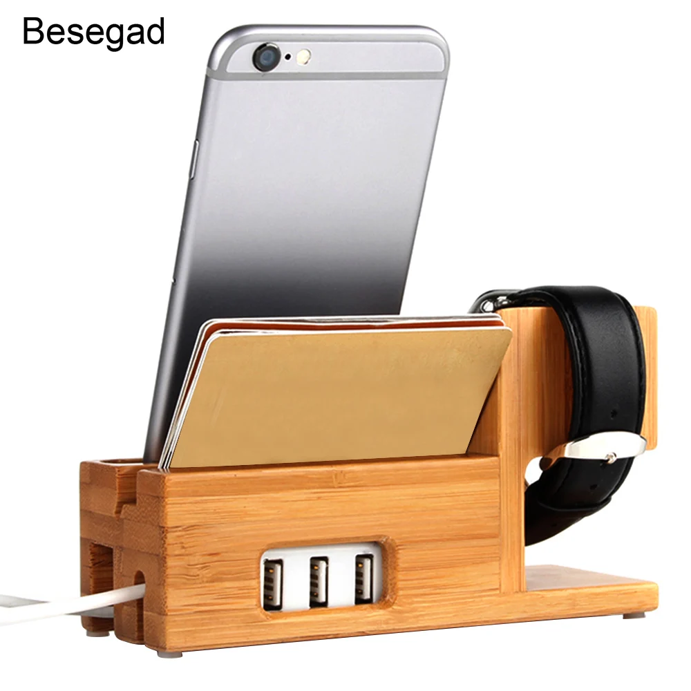 Besegad Wood Charging Charger Station Dock Stand Holder w/ 3 USB Hub