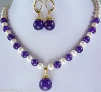 

7-8mm White Cultured Pearl &Amethysts Necklace+ Earring