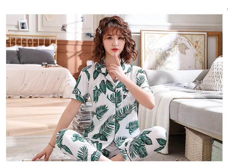 2019 летние шорты рукавом Длинные брюки для девочек пижамные комплекты для женщин хлопок печати пижамы Femme домашняя утварь Pijama Mujer домашняя