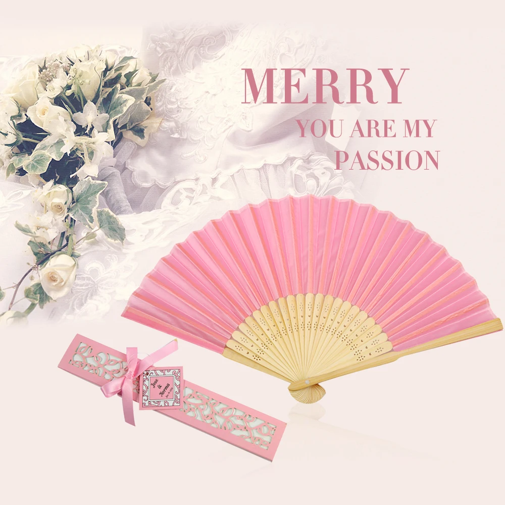 

100PCS Satin Silk folding Hand Held Folding Bamboo Fans With Names for Summer Wedding Favor