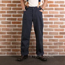 Винтажные Бронсон мужские полосатые комбинезоны с высокой талией брюки Карго повседневные брюки темно-синие