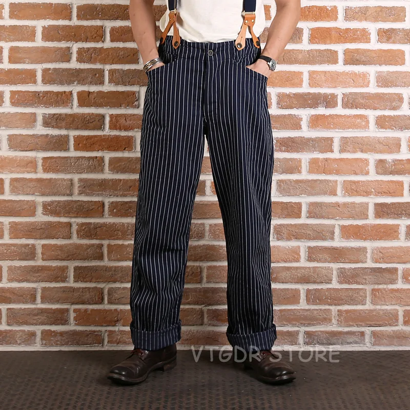 

Vintage Bronson Men's Stripes Overalls High Waist Cargo Pants Casual Trouser Dark Blue