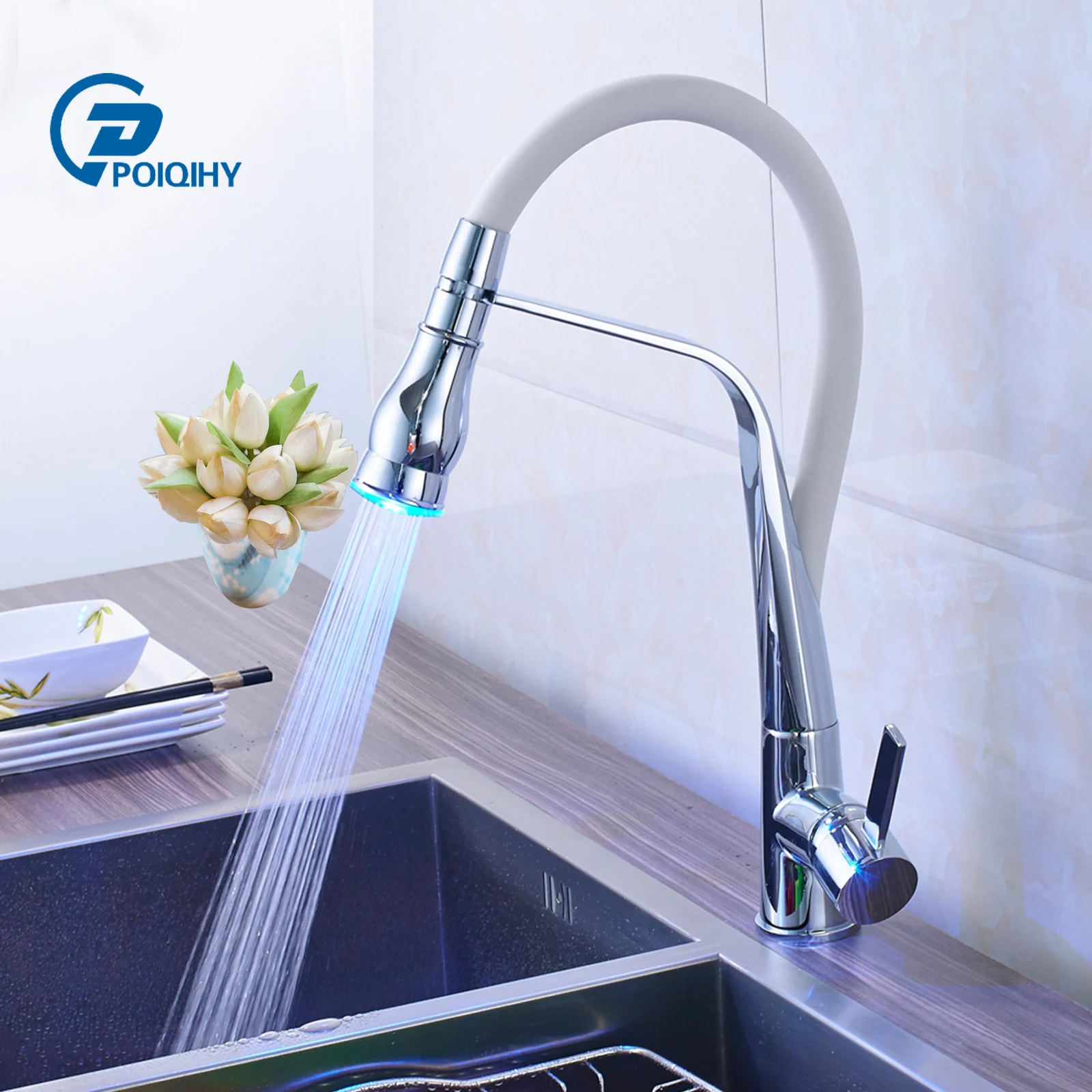 

Special Design Chrome LED Kitchen Faucet Deck Mounted Pull Out Single Handle Hole Vessel Sink Mixer Tap Hot & Cold