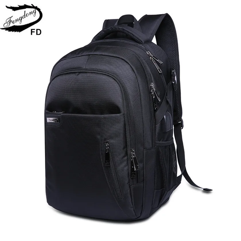 

FengDong black waterproof school backpack men laptop bag 15.6 male large travel backapck usb business bag pack back dropshipping
