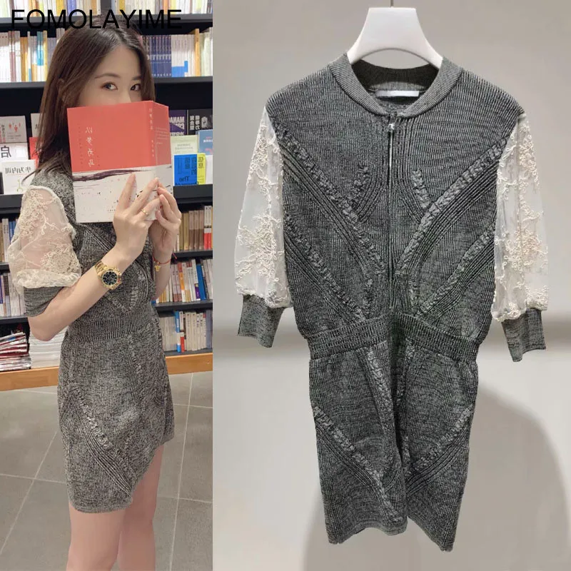 

Knitted Dress Short 2019 Autumn New Retro Stitching Lace Sleeves Waist Slimming Dresses Women