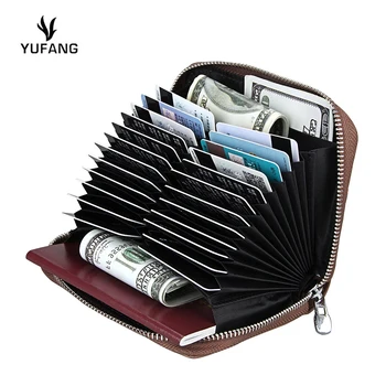 

YUFANG Women Genuine Leather RFID Zipper Credit Card Holder Large Capacity Coin Purses Female Business Card Case Wallets Men