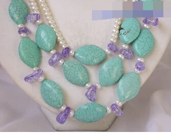 

Jewelr 005962 3strand 7mm turquoise amethyst white pearl necklace
