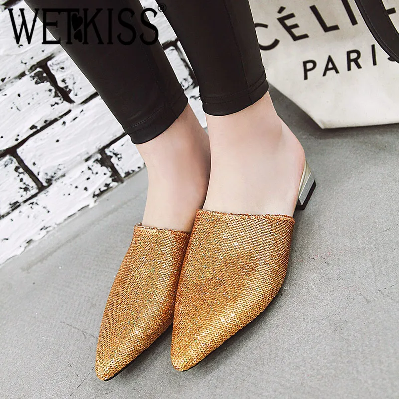 

WETKISS Sequined Slippers Women Pointed Toe Footwear Slides Bling Shoes Female Low Heels Mules Shoes Woman Summer Plus Size 48