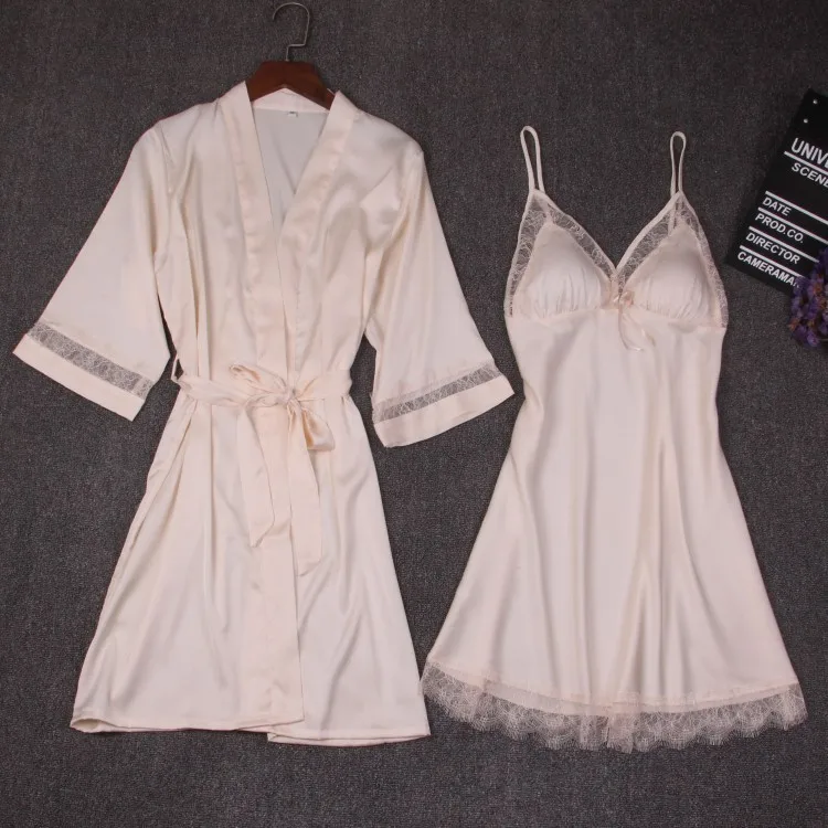 MECHCITIZ, летний сексуальный шелковый халат и платье, наборы для женщин, Халат+ мини-платье для сна, 2 предмета, пижамы, 5 цветов, бюстгальтер, Пижама - Цвет: Бежевый