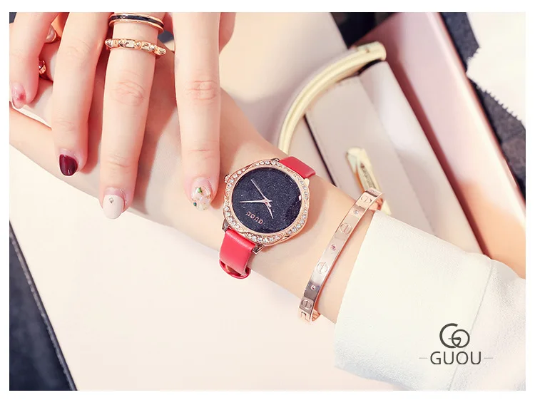 Fshion GUOU брендовые новые женские наручные часы кварцевые цветок высшего сорта Тип горный хрусталь Женские часы из натуральной кожи подарок часы