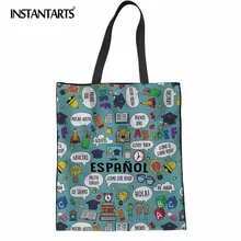 INSTANTARTS мультфильм испанский учителем печать Для женщин льняные сумки женские Повседневное большой пляж ткань мешок холщовый сумки