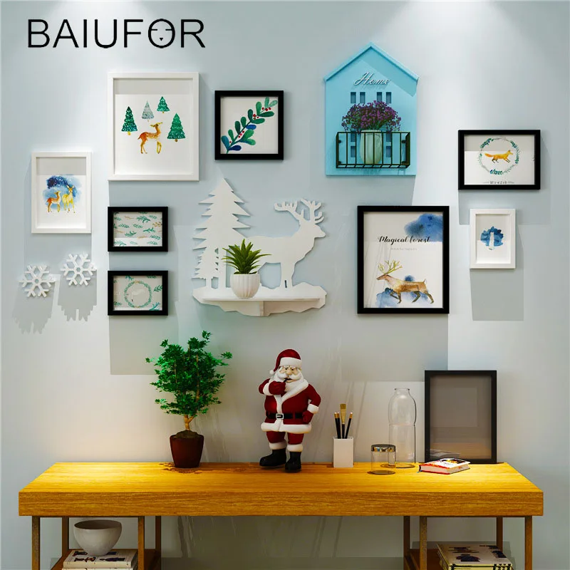 

BAIUFOR Christmas Home Photo Frame Wall Decor,Frame Set Creative Combination Wall Photo Picture Multi Frame Set With House Shelf