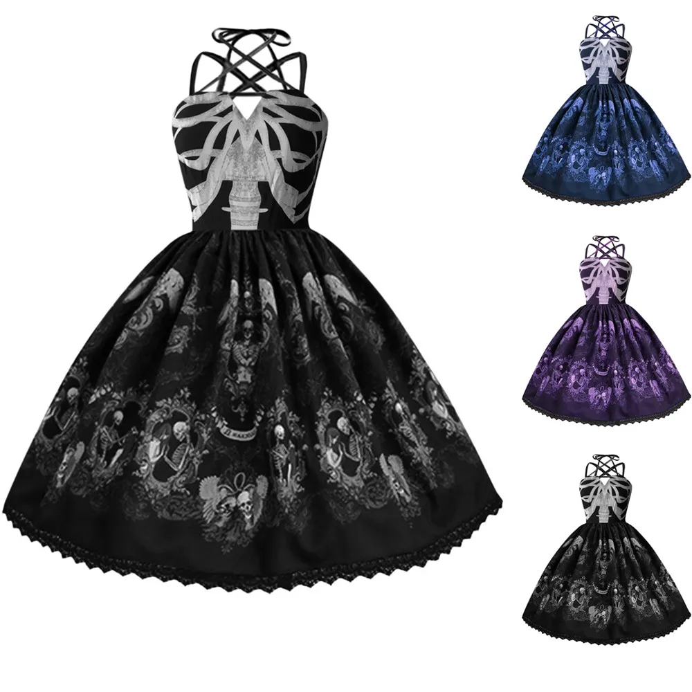 

2019 New Summer Dress Women's Skull Print Punk Style Strap Hepburn Dress Big Swing Party Dress Femme Vestidos Plus Size
