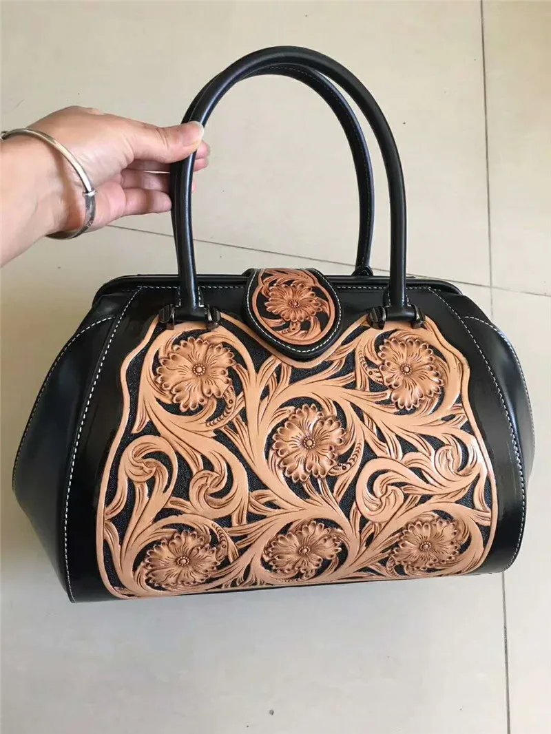 

Handmade Flower Pattern Real Cow Leather Ladies HandBags Women Genuine Leather bags Hign Quality Designer Luxury Brand Bag