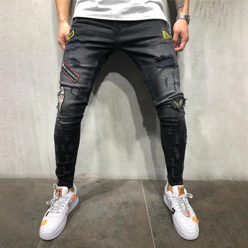 

European American style Men Stretchy Jeans Cartoon Patch Skinny Jeans Slim Fit fashion retro knee hole small foot jeans