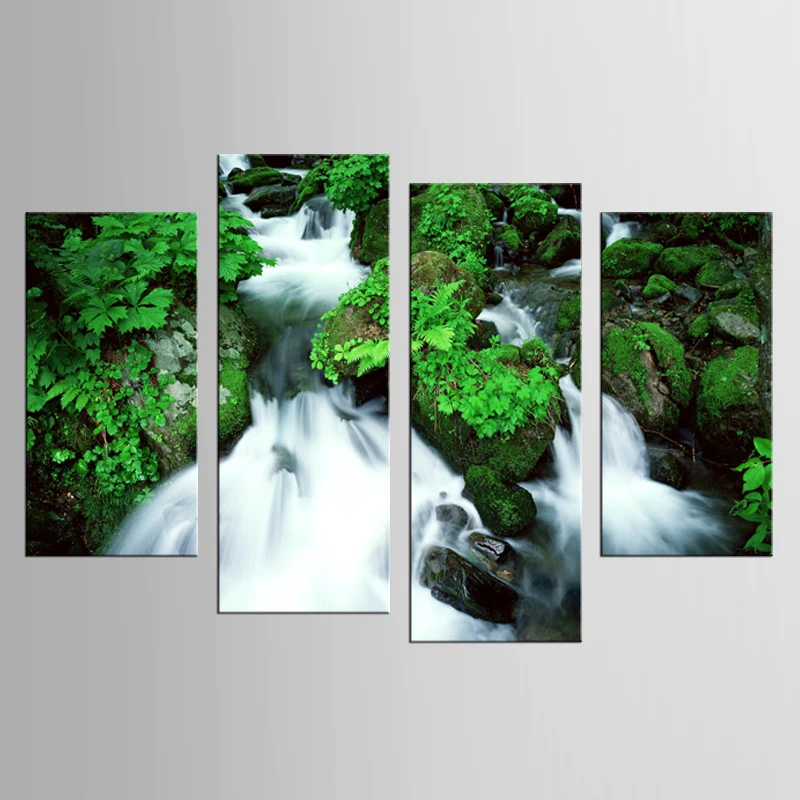 Kopen Canvas Drukken waterval steen moss Landschap 4 Stuk Moderne Stijl Goedkope Pictures Decoratieve Muur Frame Prints Gift