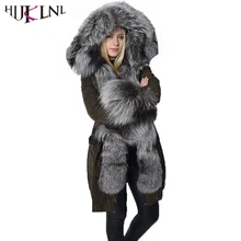 HIJKLNL Real Sliver Fox Fur Hooded Long Down Jacket Coat 2017 New Women Thick Duck Down Puffer Jacket Snowwear Parka NA242