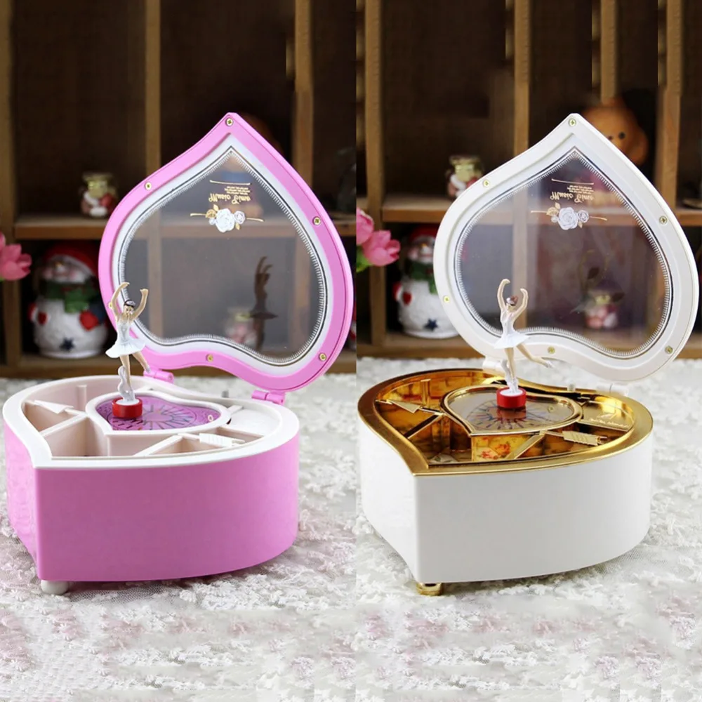 Heart Shape Dancing Ballerina Music Box Wooden Mechanical Musical Boxes