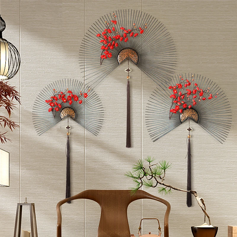 

Metal Fan Wall Decor with Flower for living room Corridor Wall Ornament Chinese modern Creative 3d hanging wall decoration