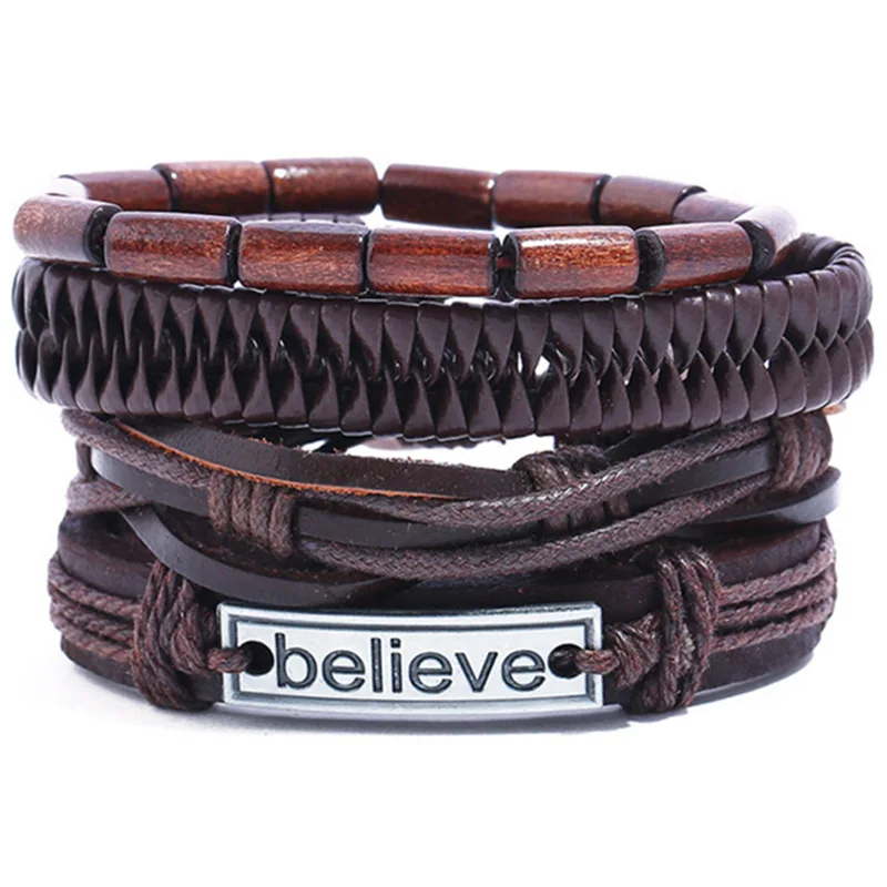 

4pcs/set European and American simple retro suit woven cowhide bracelet diy alloy believe men's leather bracelet