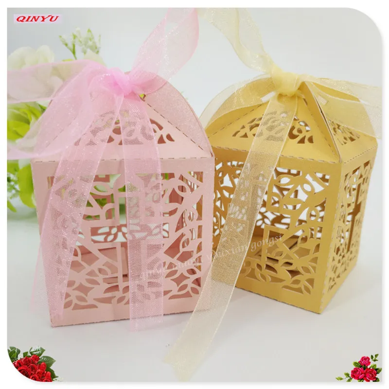 10Pcsset  Cross shape Laser Cut Hollow Carriage Favors Gifts Candy Boxes With Ribbon Baby Shower Wedding Party Supplies 5Z (18)