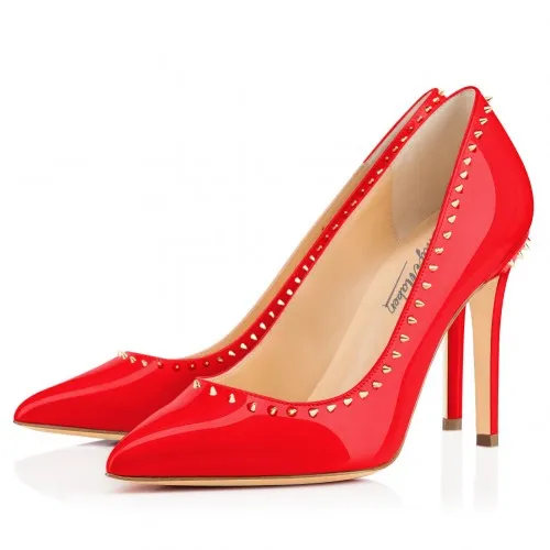 

Red Patent Leather Pointed Toe Wedding Pumps Slip-ons OL Shoes High Slim Heel Gold Rivet Runway Shoes For Women New Arrival