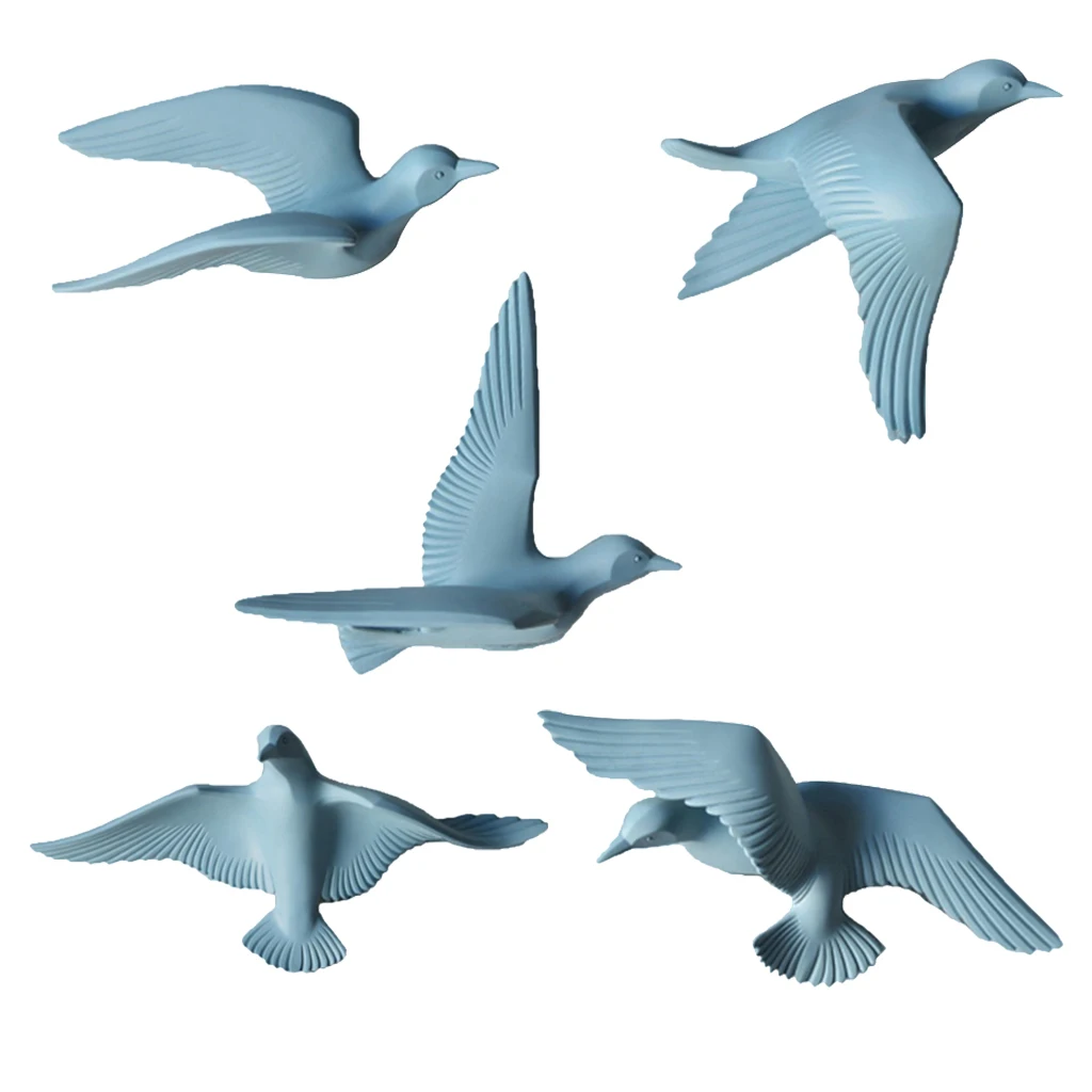 5pcs Nautical Resin 3D Birds Wall Art Murals Flying Seagull Sculpture Bedroom Wall Stickers DIY Home Hotel Decor Blue