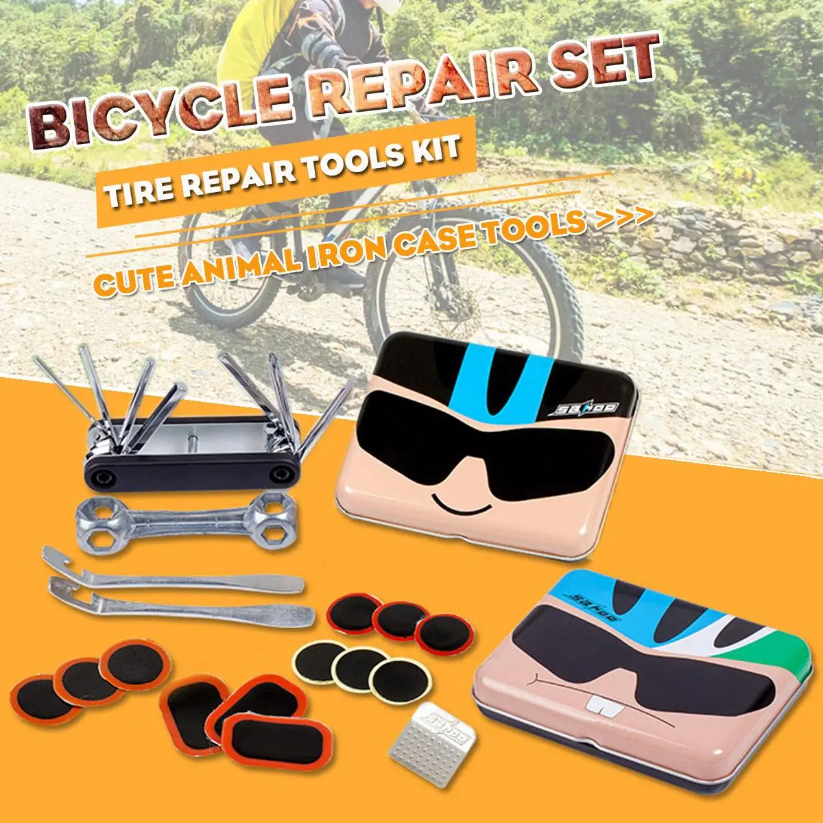 

7 in 1 Portable Iron Box Bicycle Tool Repair Kit Combination Parts Bike Wheel Multifunction Wrench Screwdriver Glue