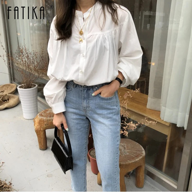 Fatika 2019 Демисезонный Новые Элегантные Однотонные блузки с воротником стойкой