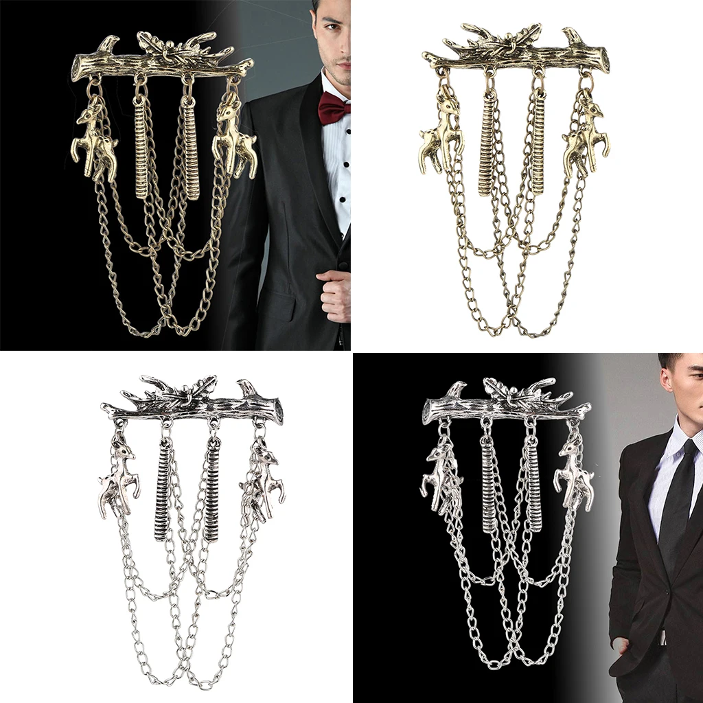 Elegant Deer and Tree Branches Brooch with Hanging Tassel Chain Elegant Lapel Pin for Suit Tuxedo, Christmas Gifts
