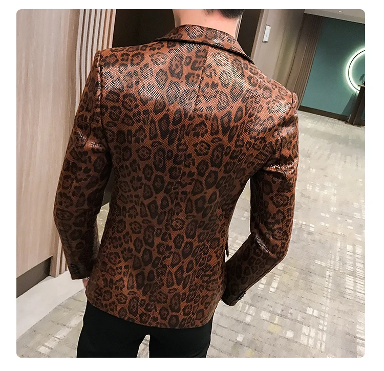 Autumn Leopard Print Mens Blazer Skin Suit Jacket Leather Stage Costumes For Singers Loose Coat Blaser Homens Terno Masculino