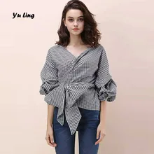 Free Shipping 2017 European Women’s Deep V-neck Puff Sleeve Bowknot Cross Lace Shirt Women Fashion Casual Streetwear Blouse