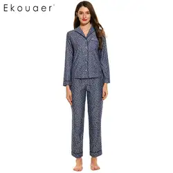 Ekouaer Для женщин пижамы комплект пижамы с длинным рукавом Рубашки с отложным воротником и длинные брюки из двух частей пижамы костюмы осень