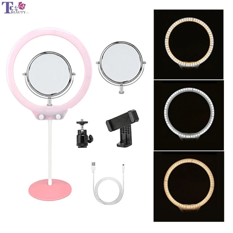 

10" Tabletop LED Ring Light with Mirror Dimmable Stand for Phone Makeup Camera