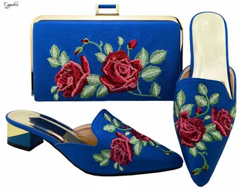 

Amazing blue with flower embroidery lower heel shoes and purse bag set for party MM6003 heel height 3.8cm, multi color