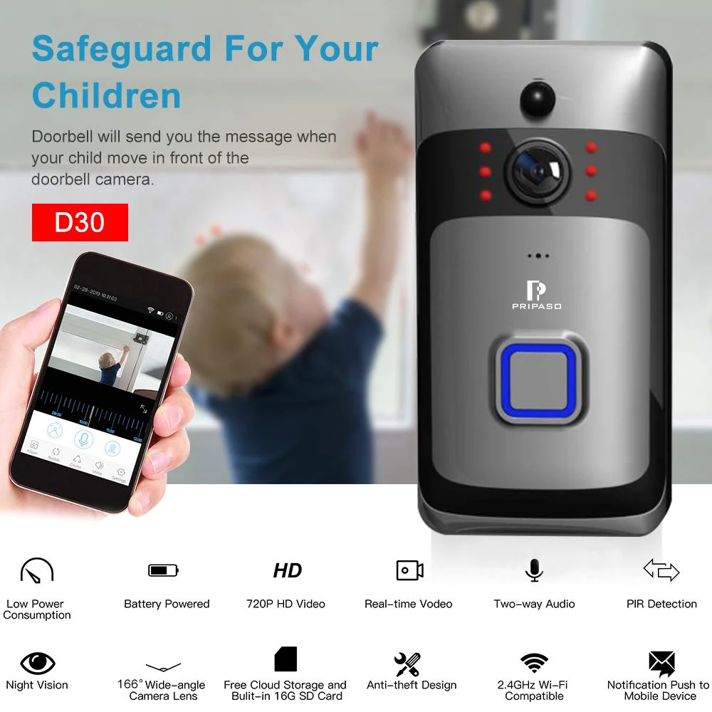 

WiFi Smart Video Doorbell Camera 720P HD Wireless Home Security Doorbell Camera with 16GB Storage Card 2 Rechargeable Battery